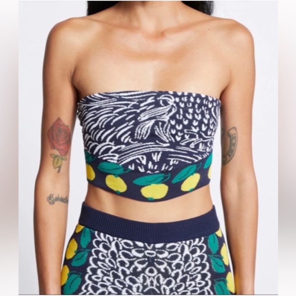STAUD | Navy Blue Shane Bandana Knit Lemon Cropped Strapless Tube Top, S
